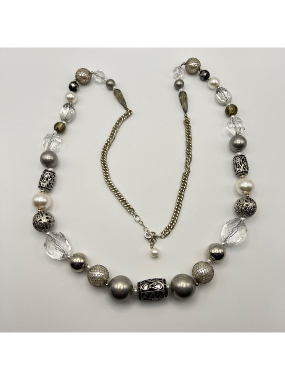 Chunky Silver-Tone Necklace Statement Faux Pearl Acrylic Crystal Opera Length